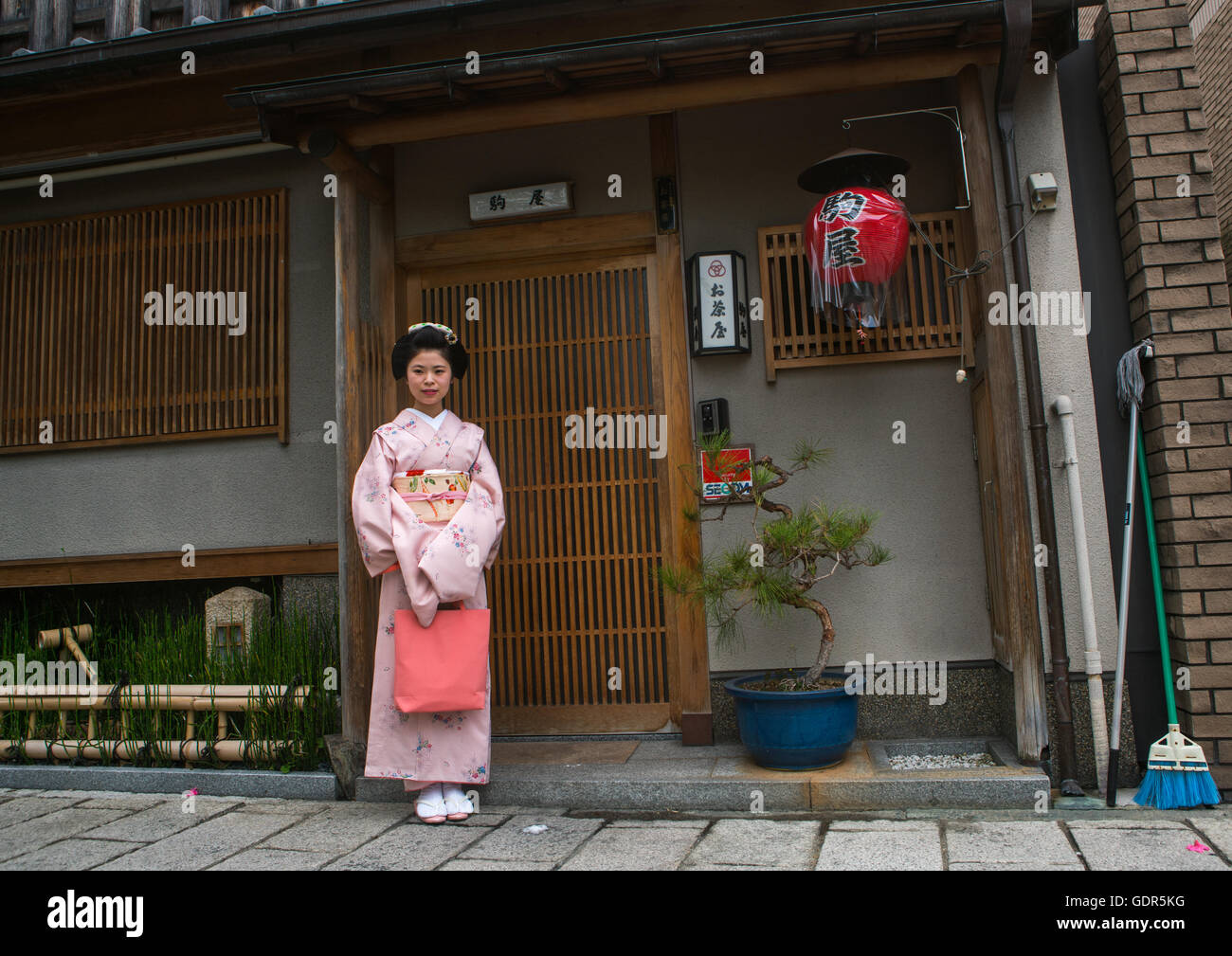 16 anni chiamato maiko chikasaya davanti la geisha house dove vive, la regione di Kansai, Kyoto, Giappone Foto Stock