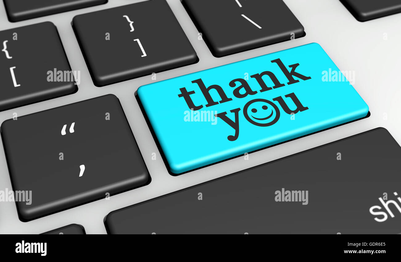 Ringrazio segno e parola con emoticon felice simbolo su una chiave del computer 3D'illustrazione. Foto Stock