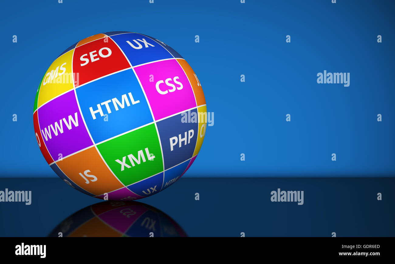 Web design, Internet e media digitali il concetto di sviluppo con i linguaggi di programmazione segno su un globo 3d'illustrazione. Foto Stock