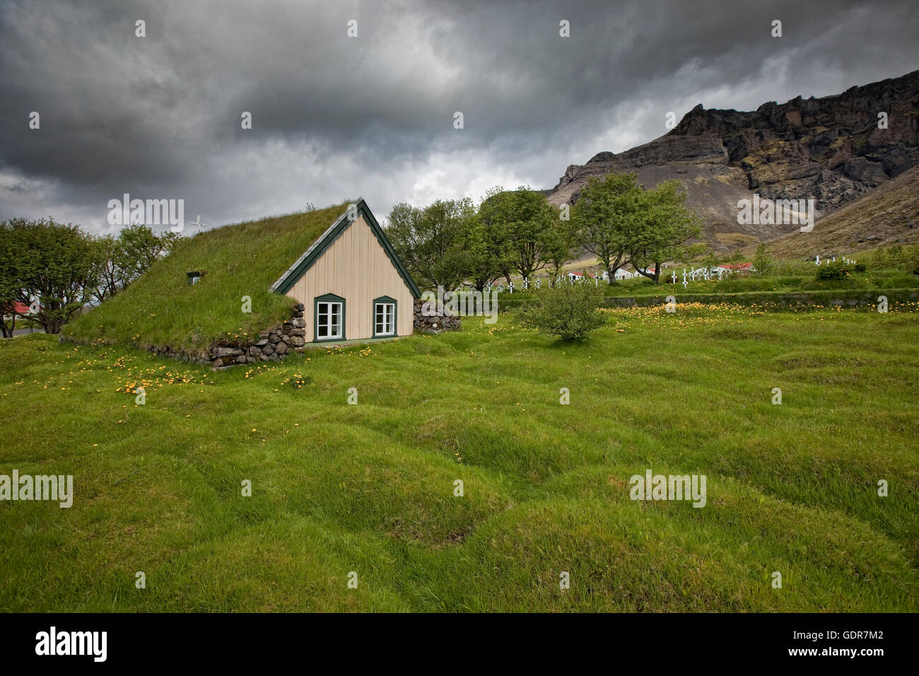 Hofskirkja, un turf-chiesa coperta, Islanda Foto Stock