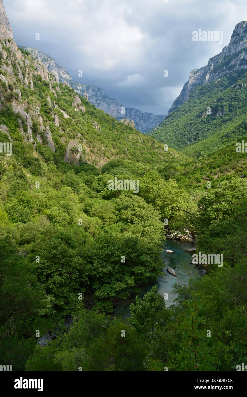 Il Vikos nel Pindo della Grecia settentrionale. Vikos è elencato come la gola più profonda del mondo. Foto Stock