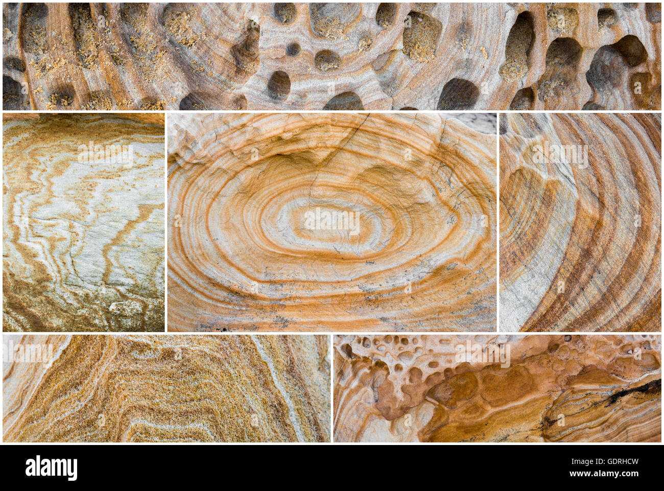 Photo Collage di vari Australian rock formazione sfondo, texture di pietra arenaria con tracce di ferro in australia, pietre devoniano Foto Stock