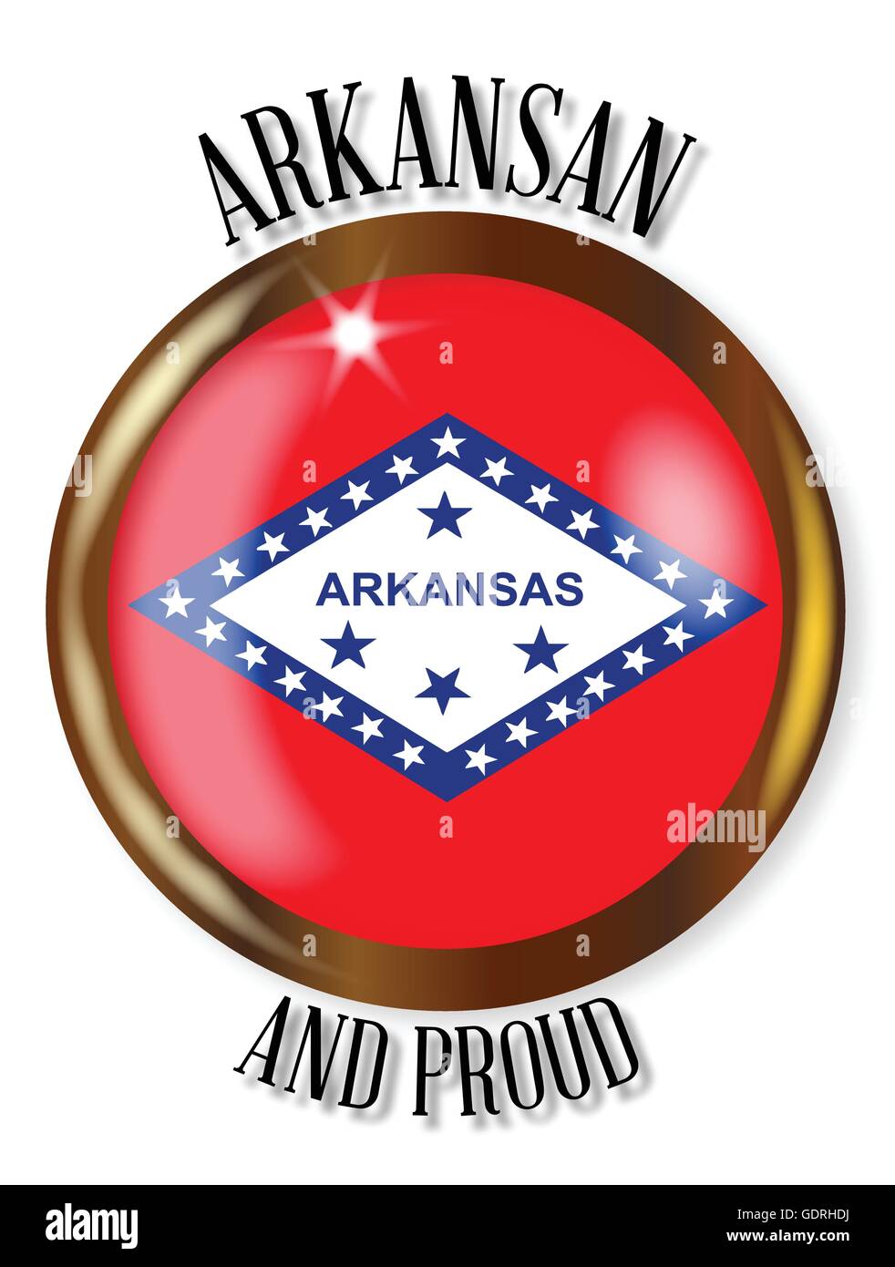 Arkansas flag di stato pulsante con un metallo oro bordo circolare su uno sfondo bianco con il testo Arkansan e orgoglioso Illustrazione Vettoriale