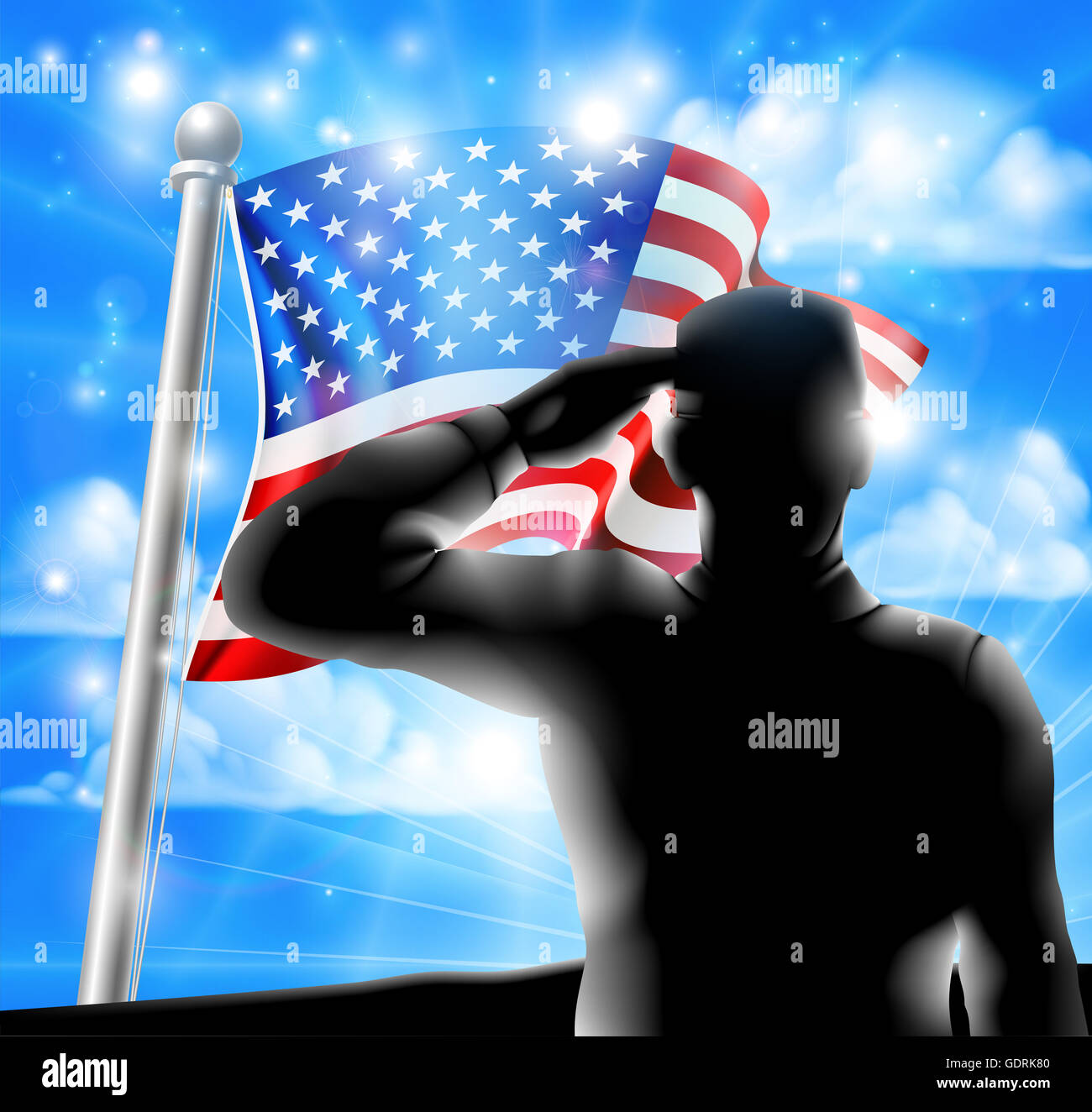 Bandiera americana sventolare nel vento con una silhouette soldato, design per il Memorial Day o veterani del giorno Foto Stock