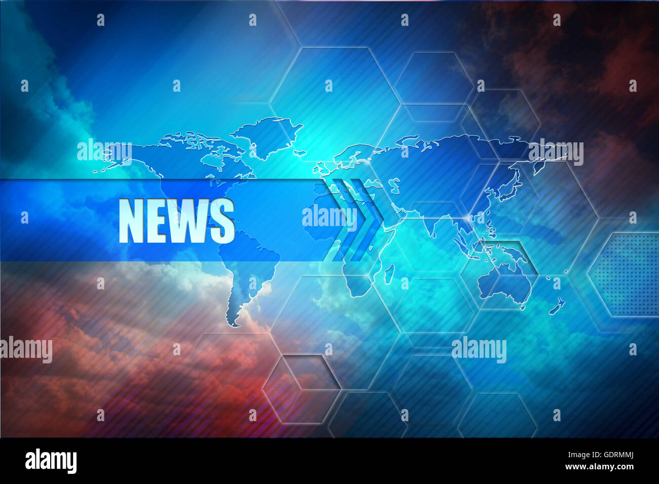 News banner di intestazione, astratto colorato, mappa globale e Testo intestazione 'news'. design hightech, sfondo blu. template per newsletter Foto Stock