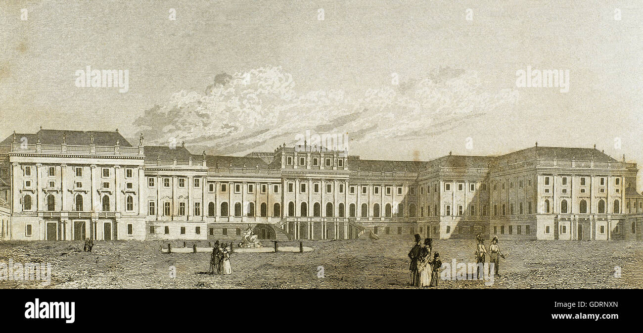Austria. Vienna. Il XVII secolo. Palazzo di Schonbrunn. Imperial residenza estiva. Incisione. Foto Stock