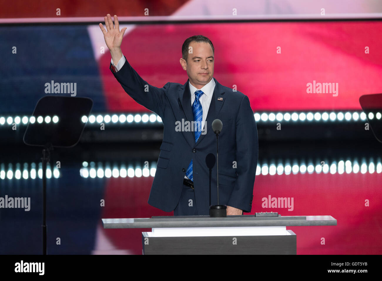 Cleveland, Ohio, USA. 21 Luglio, 2016. RNC Presidente Reince Priebus indirizzi delegati nel giorno finale della Convention Nazionale Repubblicana Luglio 21, 2016 a Cleveland, Ohio. Credito: Planetpix/Alamy Live News Foto Stock