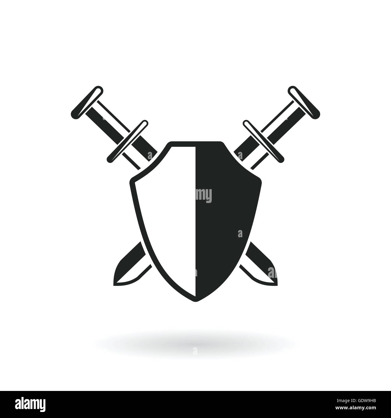 Le spade incrociate con scudo di protezione astratta logo illustrazione vettoriale isolato su bianco Illustrazione Vettoriale