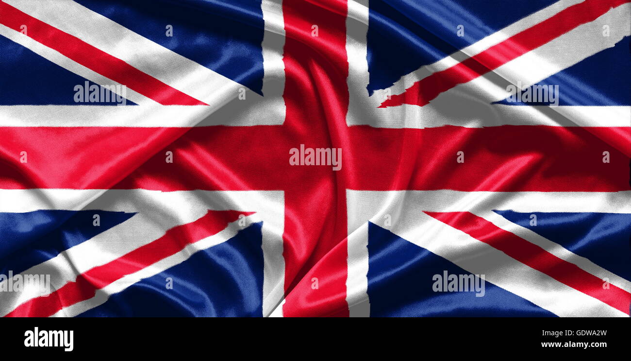 Primo piano della increspato bandiera britannica - sfondo di tessuto Foto Stock