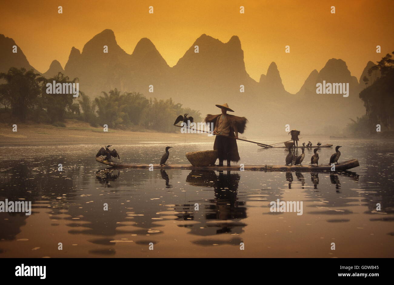 Il paesaggio presso il fiume Li vicino Yangshou nei pressi della città di Guilin nella provincia del Guangxi in Cina in Asia orientale. Foto Stock