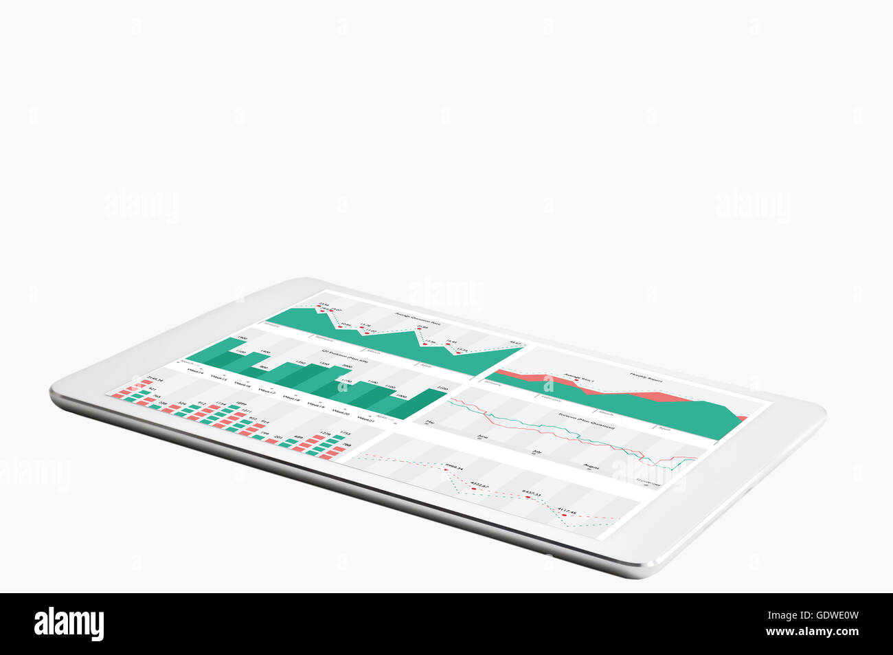Tavoletta digitale con i report finanziari su sfondo bianco Foto Stock