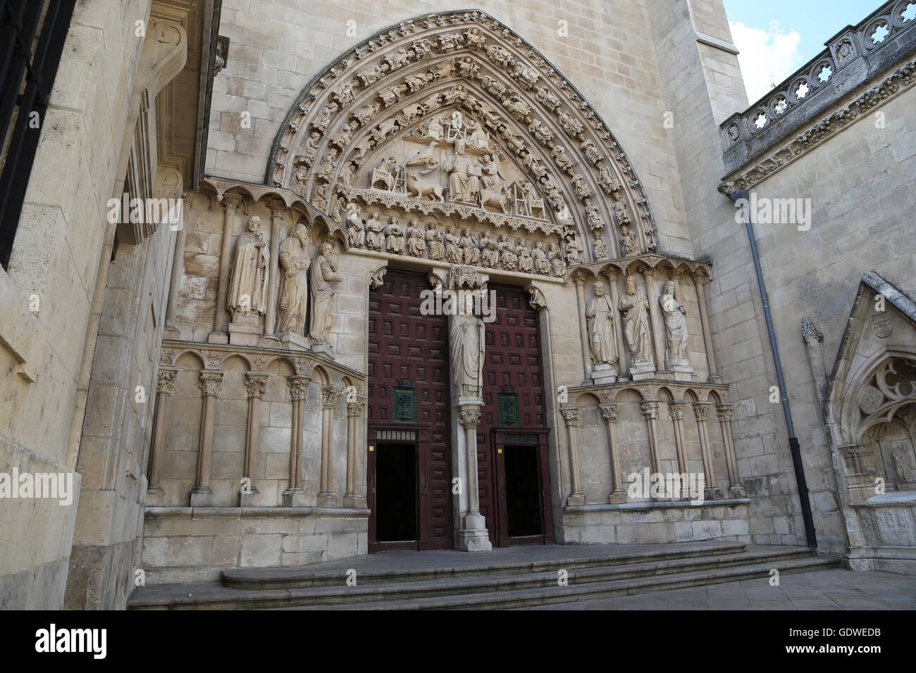 Spagna. A Burgos. Cattedrale di Saint Mary. Facciata del Sarmental. Il XIII secolo. Gotico. Foto Stock