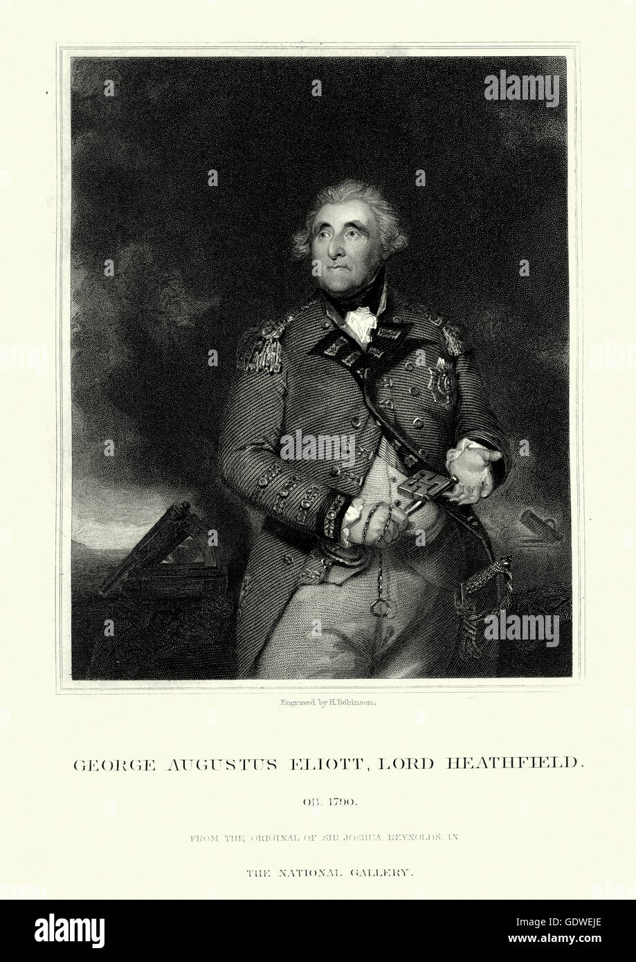 Ritratto di George Augustus Eliott, primo Baron Heathfield un ufficiale dell'esercito britannico che ha servito in tre principali guerre durante gli otto Foto Stock