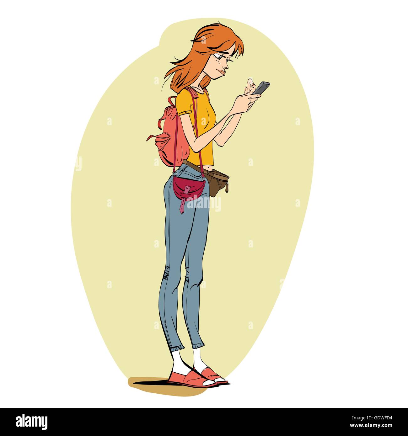 Giovane donna guardando sullo smartphone. Mappa di navigazione o il gioco Illustrazione Vettoriale