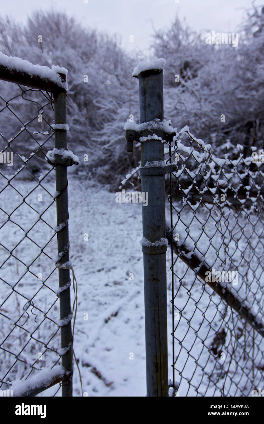 Il cancello aperto, scena invernale nel Connecticut, Stati Uniti d'America Foto Stock