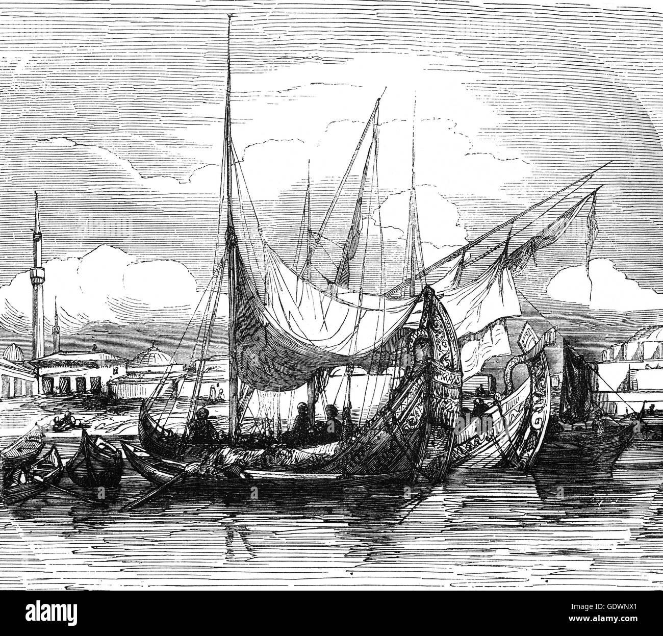 Xix secolo vista delle barche sul Bosforo a Costantinopoli, precedentemente Bisanzio,e ora Istanbul. Foto Stock