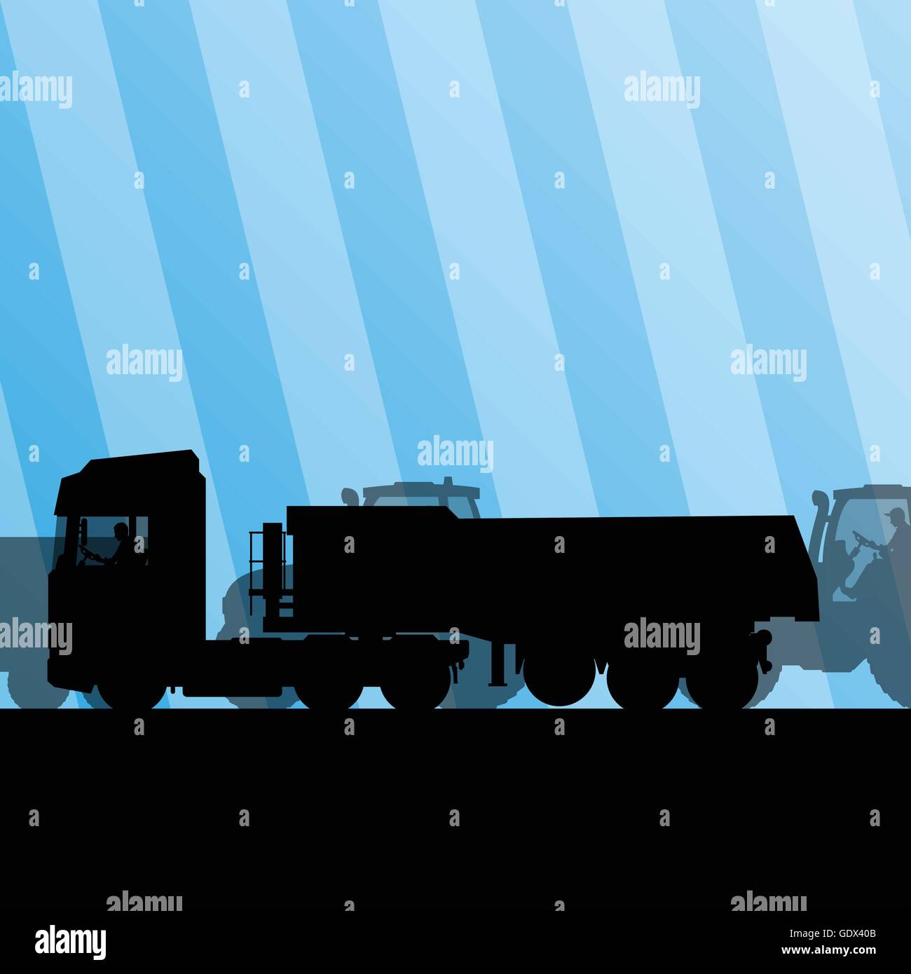 Pesante rimorchio camion e trattori in strada industriale sito in costruzione vettore illustrazione dello sfondo Illustrazione Vettoriale