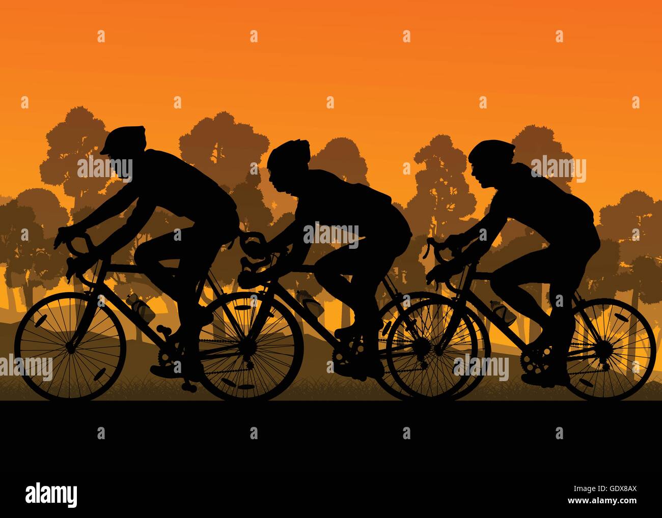 Ciclista Bicicletta Equitazione gruppo maratona silhouette di sfondo illustrazione vettoriale paesaggio con tramonto Illustrazione Vettoriale