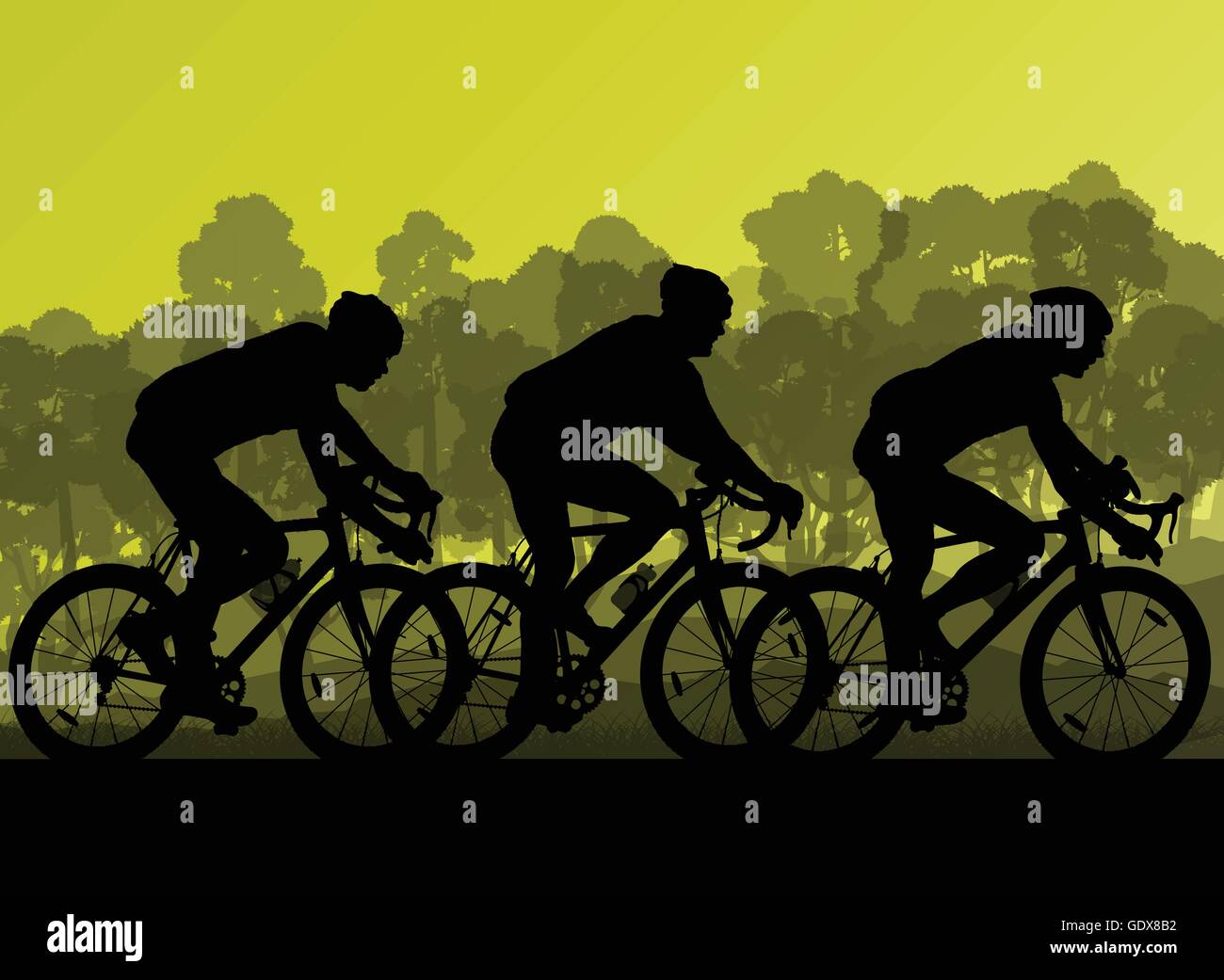 Ciclista Bicicletta Equitazione gruppo maratona silhouette di sfondo illustrazione vettoriale paesaggio con tramonto Illustrazione Vettoriale