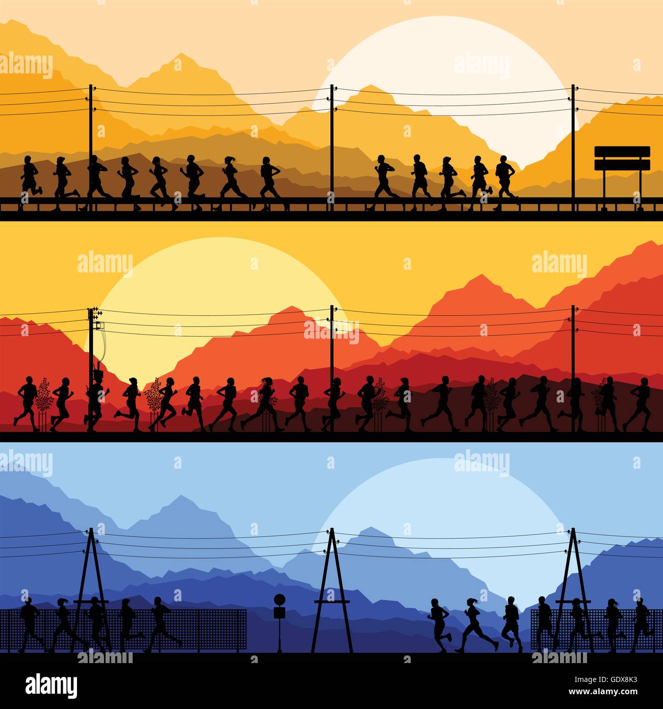 Corridori della maratona in country road per poster Illustrazione Vettoriale