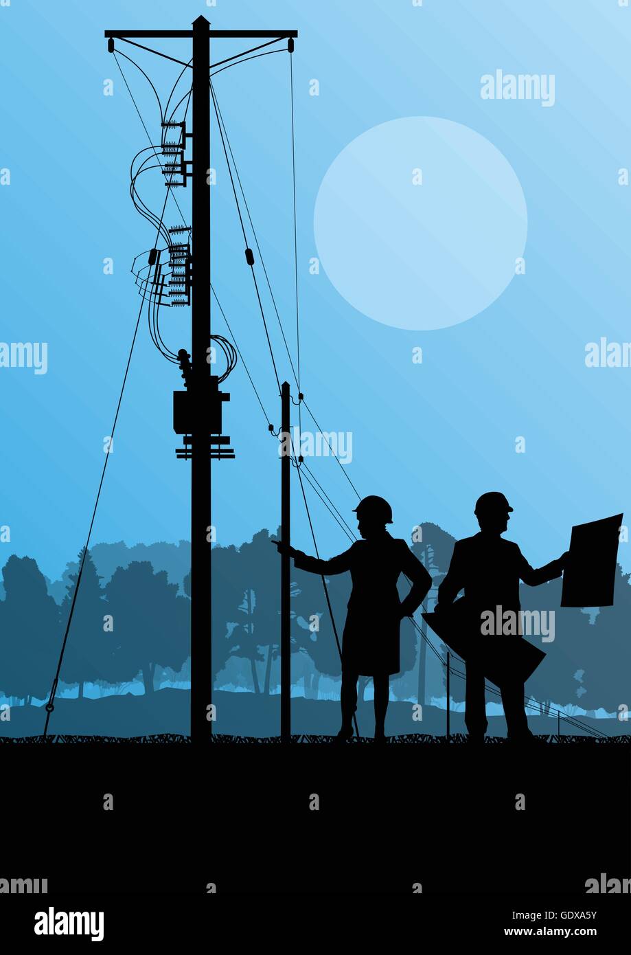Energia elettrica ad alta tensione di alimentazione linea con costruzione engineers escavatore e caricatori e trattori nella foresta di campagna nel campo c Illustrazione Vettoriale