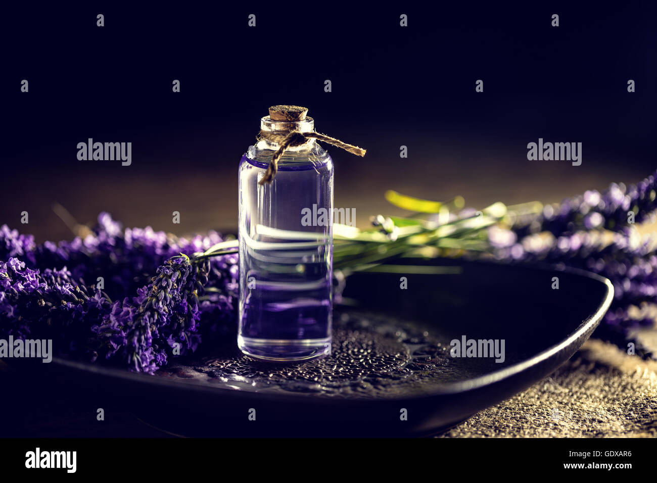 Olio di lavanda in una bottiglia di vetro Foto Stock