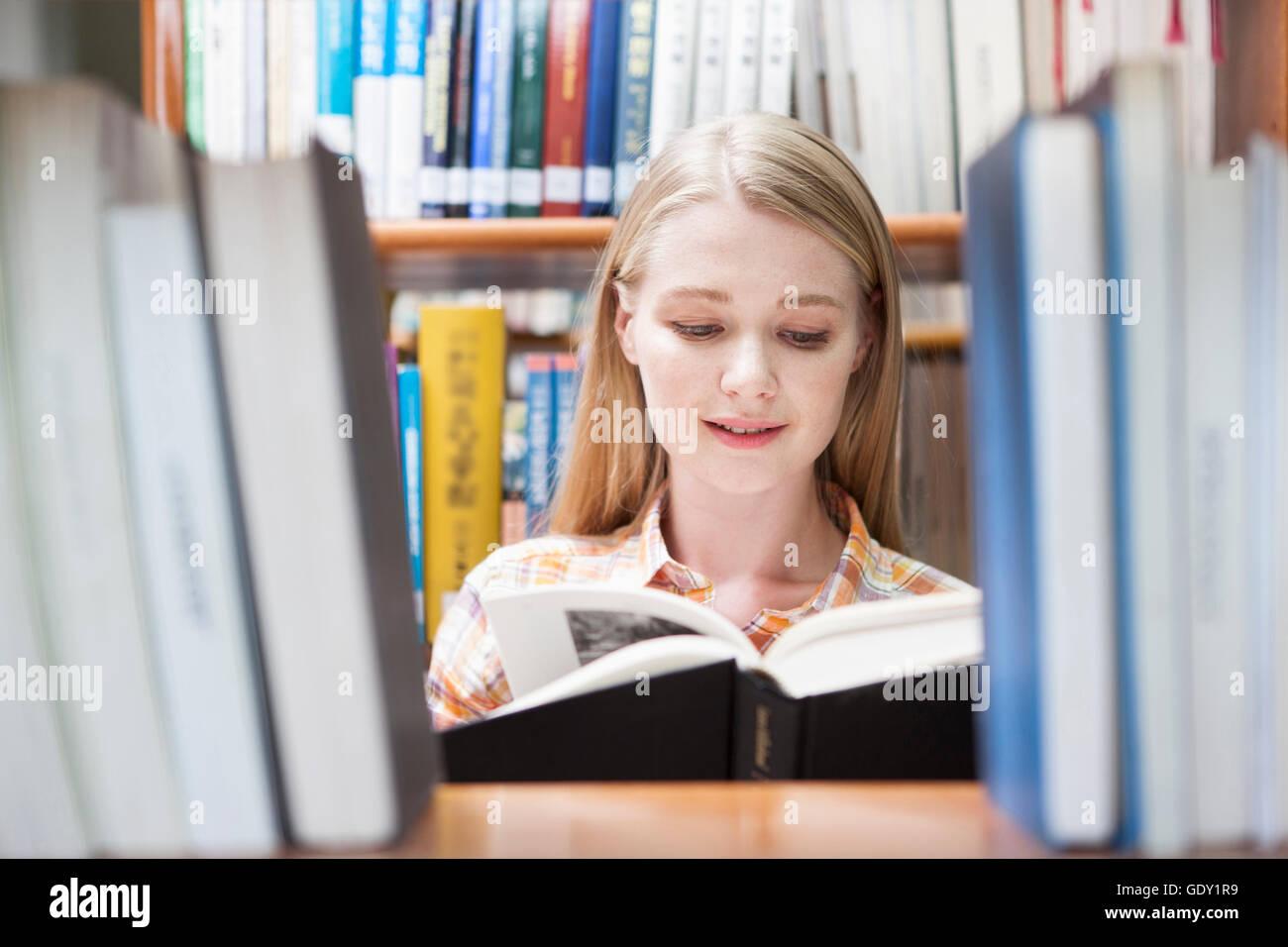 Ritratto di giovane donna studente di college leggendo un libro nella biblioteca Foto Stock
