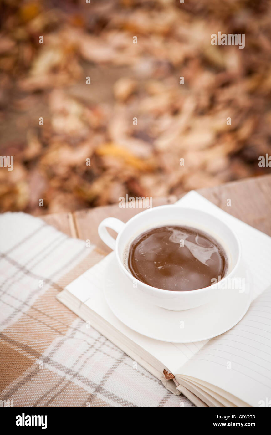 Caffè e diario aperto sulla tavola in autunno Foto Stock