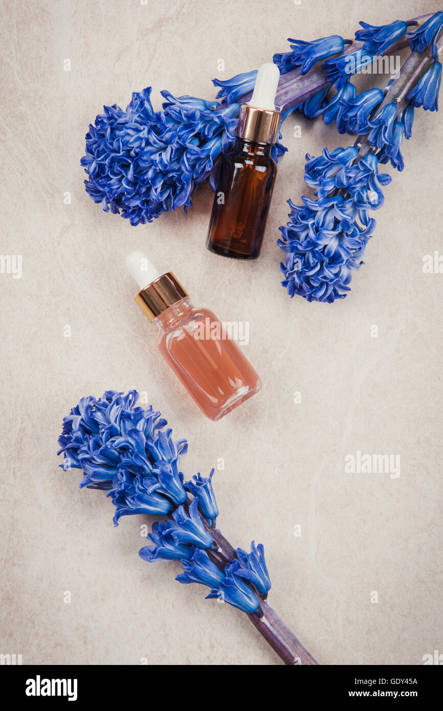 Due bottiglie di olio essenziale con viola fiori di giacinto Foto Stock