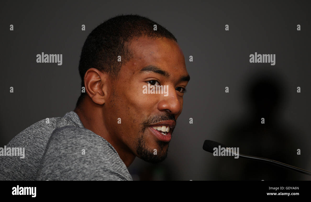 Christian Taylor parla durante la conferenza stampa presso la Grange Tower Bridge Hotel, Londra. Stampa foto di associazione. Picture Data: giovedì 21 luglio, 2016. Vedere PA storia atletica di Londra. Foto di credito dovrebbe leggere: Steven Paston/filo PA. Foto Stock