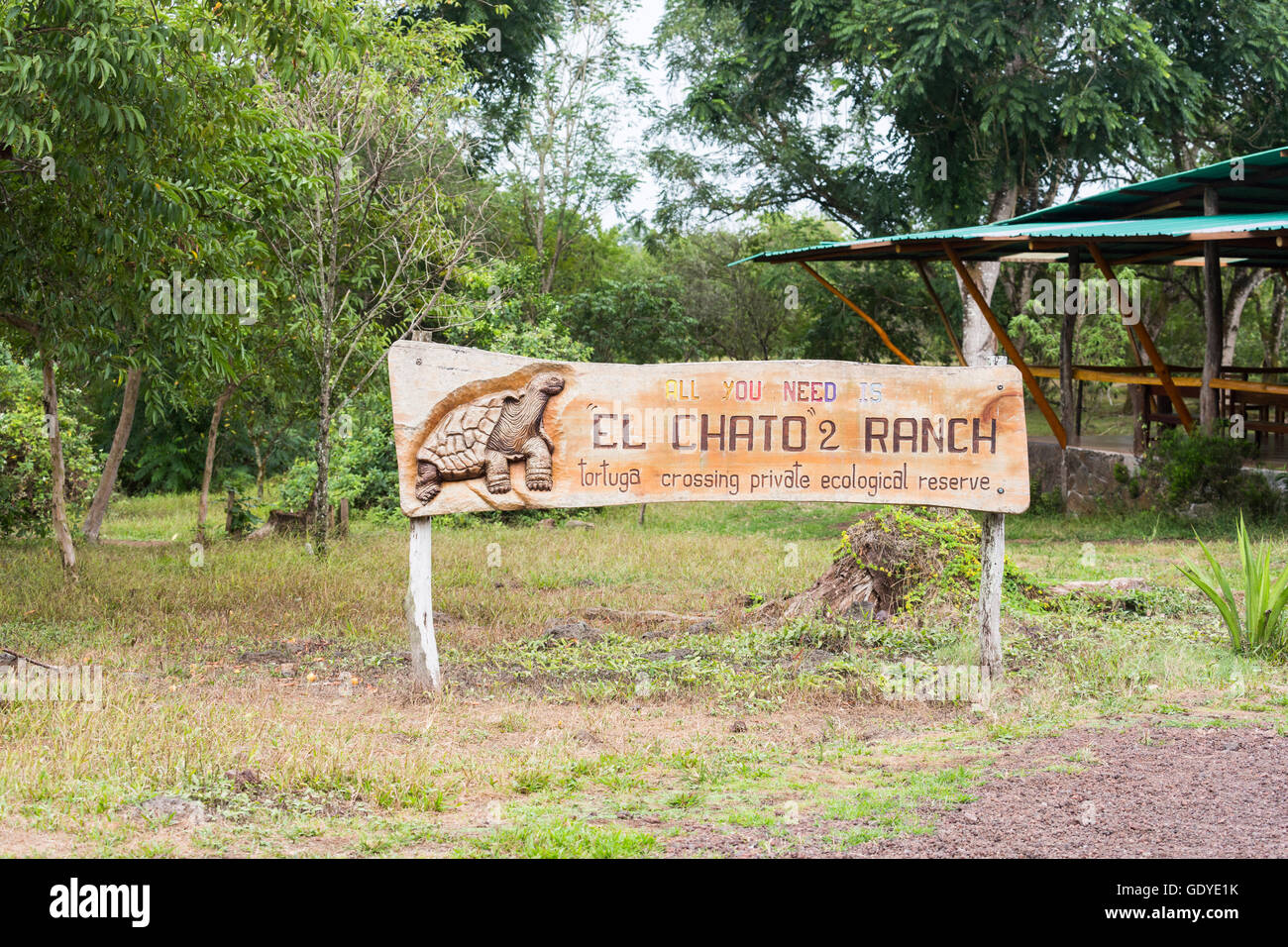 Nome sign all'El Chato tartaruga gigante ranch, Isla Santa Cruz Highlands e Isole Galapagos, Ecuador, Sud America Foto Stock