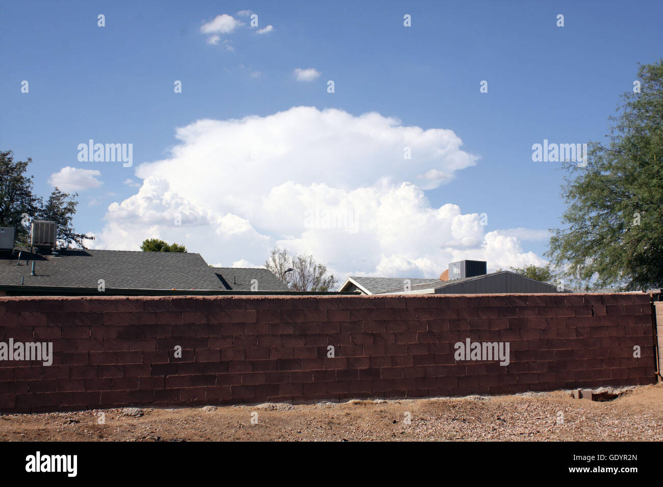 Cinque scatti del mio prossimo: tetti; alberi; aria condizionata e delle paludi e l'unità scambiatore di calore; puffy nuvole bianche in un cielo blu; strada lampada; un piccione di passaggio Foto Stock