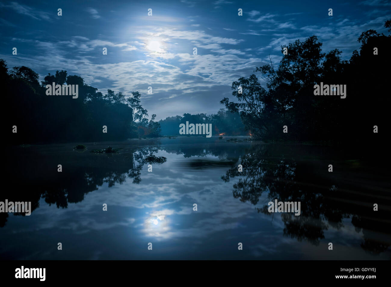 Riflesso della luna nel fiume fiume Orinoco, Delta Orinoco, Venezuela Foto Stock