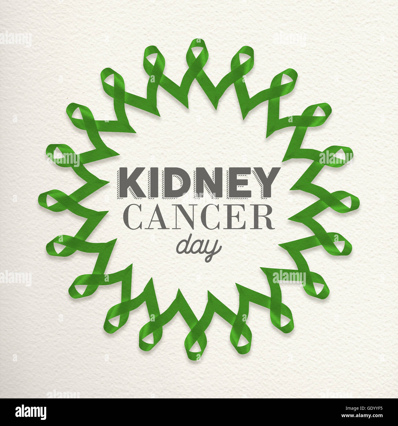 Il cancro del rene giorno mandala design realizzato di nastri di colore verde con la tipografia per supporto di sensibilizzazione. Foto Stock