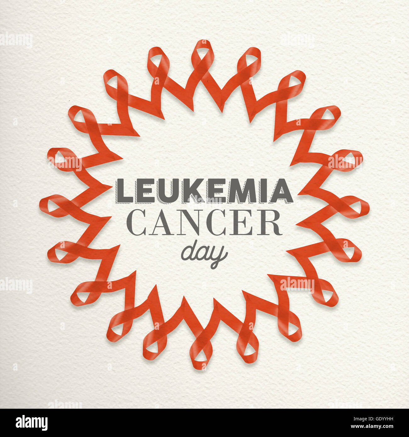 Cancro leucemia giorno mandala fatto di nastri di colore arancione con la tipografia per supporto di sensibilizzazione. Foto Stock
