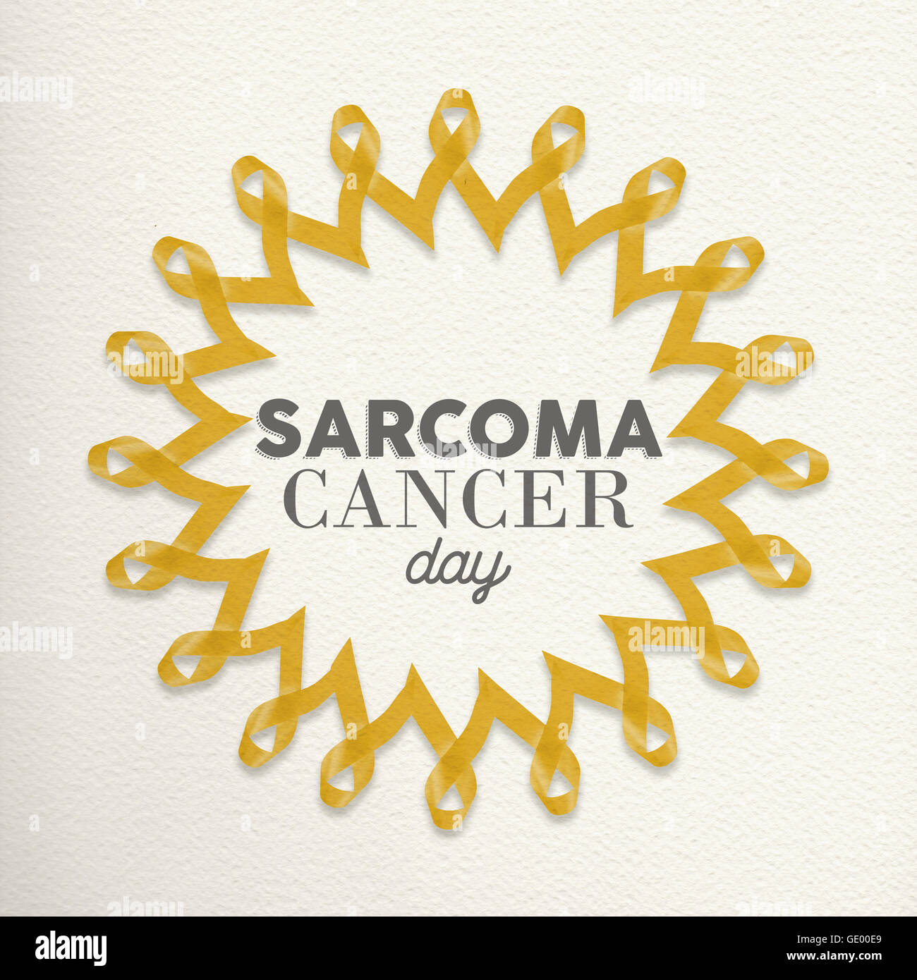 Sarcoma giorno cancro mandala design realizzato di nastri di colore giallo con la tipografia per supporto di sensibilizzazione. Foto Stock