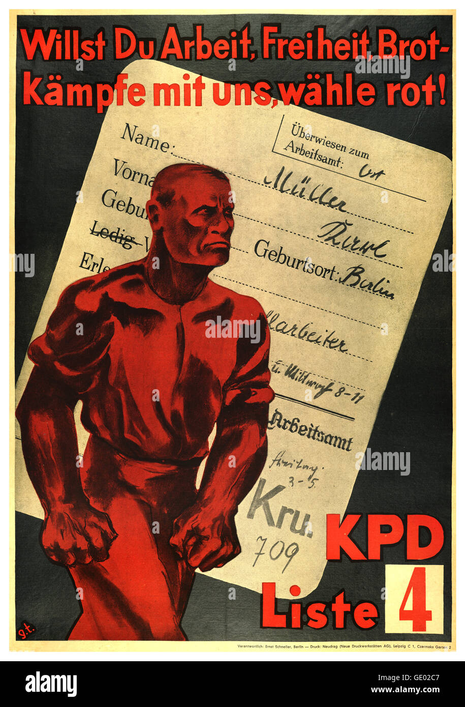 Vintage propaganda 1919-1932 poster chiedendo ' lotta con noi per il pane di tempo libero di scegliere red ! Foto Stock
