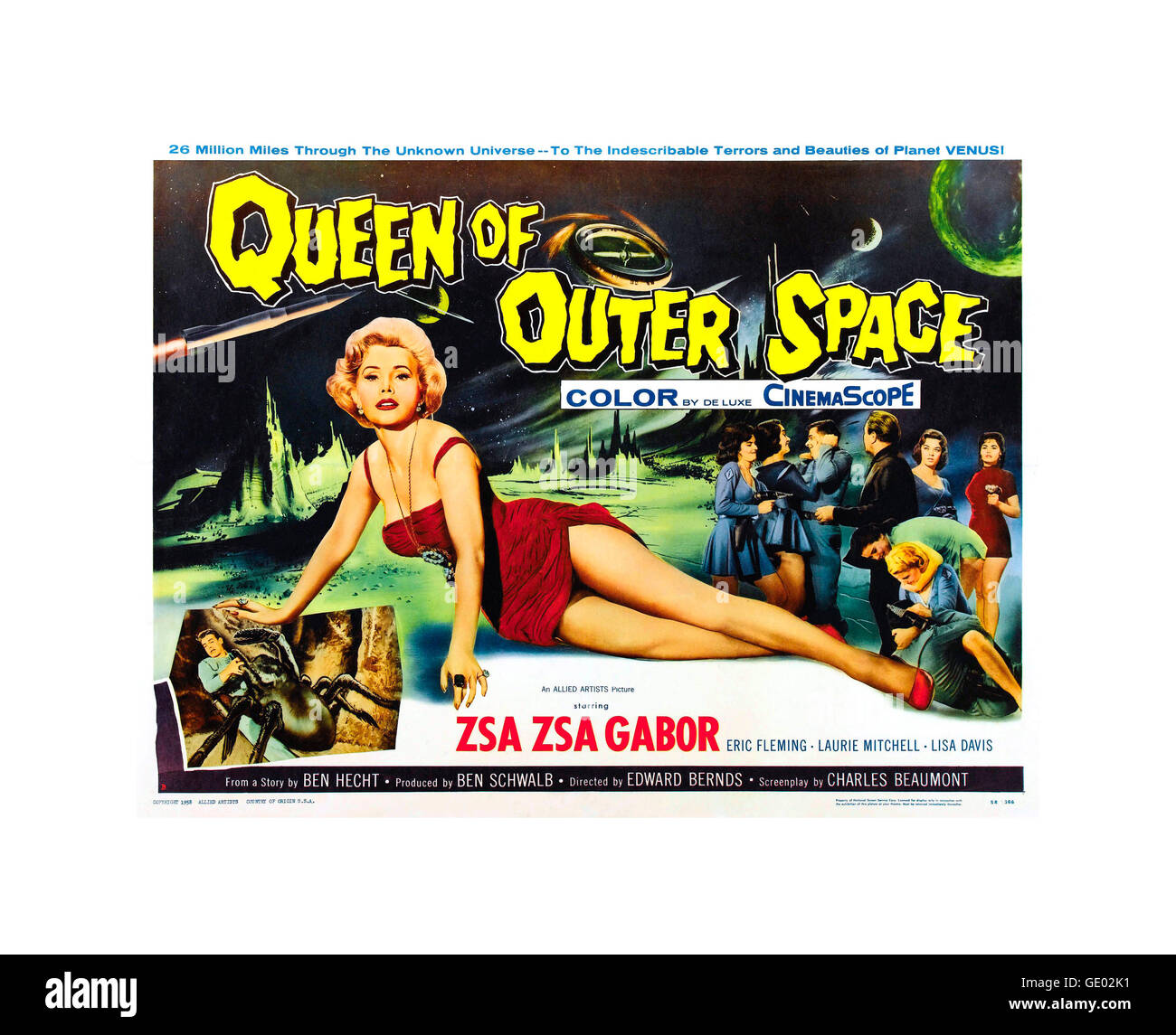 Film Vintage poster per la regina di spazio esterno a 1958 American CinemaScope science fiction film con protagonista Zsa Zsa Gabor, in un racconto di una ribellione contro un crudele Venusian regina Foto Stock