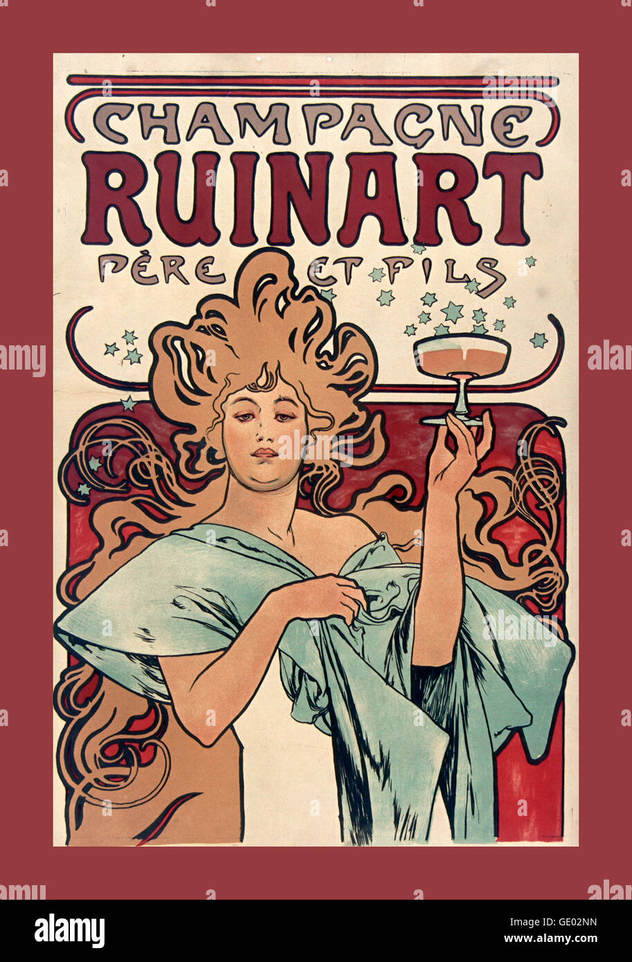 1900 Vintage Art Deco poster con Ruinart Champagne house, esclusivamente la produzione di champagne fin dal 1729. Fondata da Nicolas Ruinart nella regione di Champagne nella città di Reims Francia Foto Stock