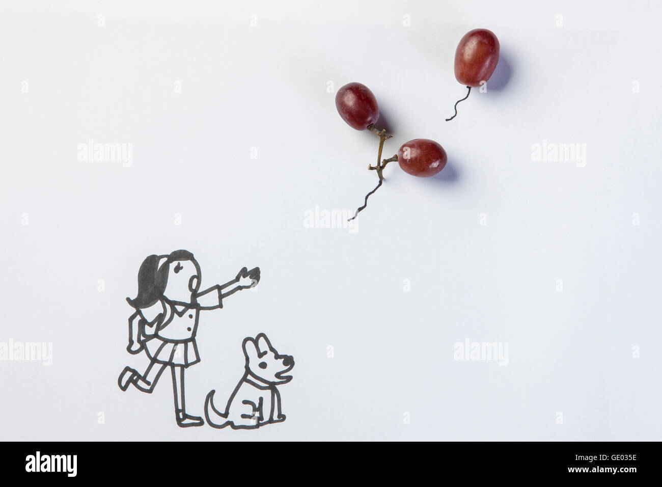 Illustrazione della ragazza con un cane di raggiungere per volare palloncini Foto Stock