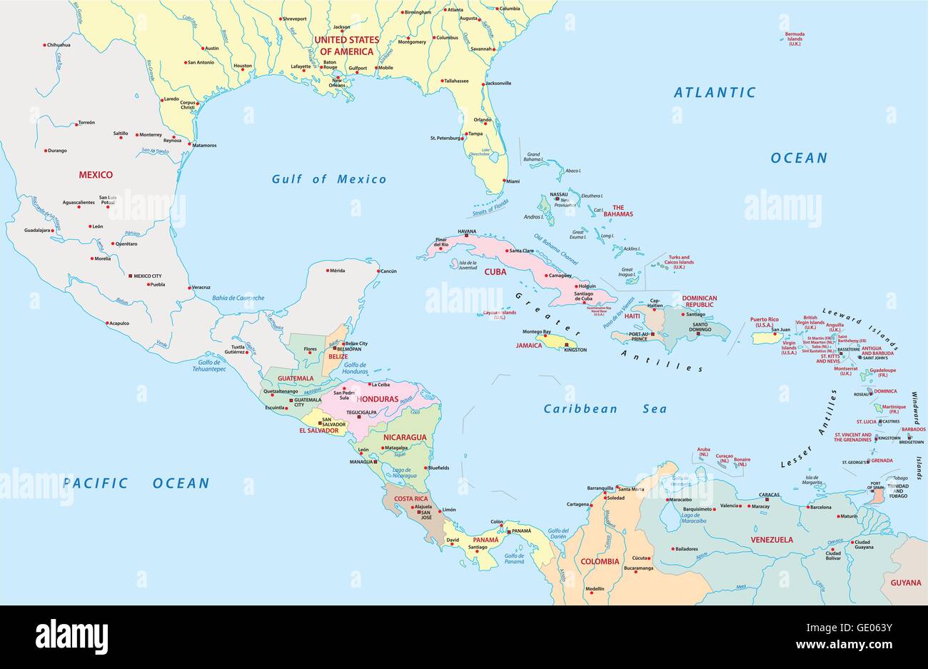 Mappa amministrativa dell America Centrale e i Caraibi Illustrazione Vettoriale