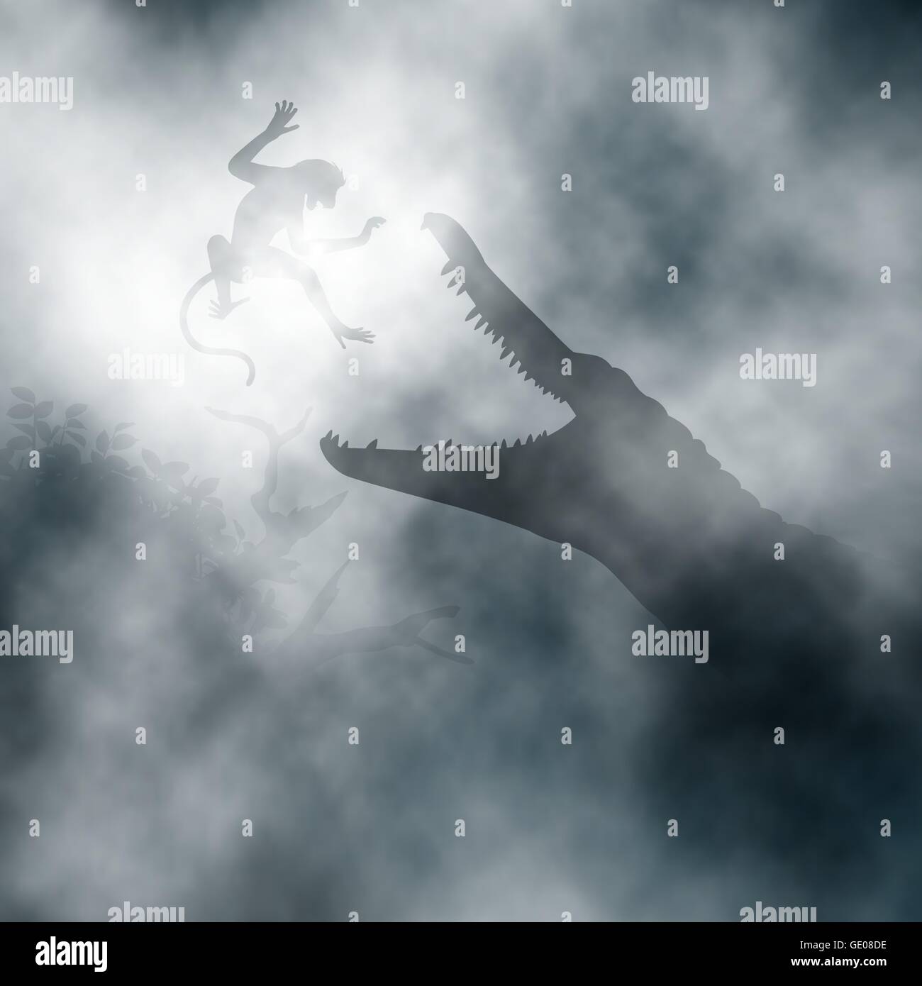Modificabile illustrazione vettoriale di un coccodrillo a caccia di una scimmia in una nebbiosa palude creata utilizzando vettori gradienti Illustrazione Vettoriale