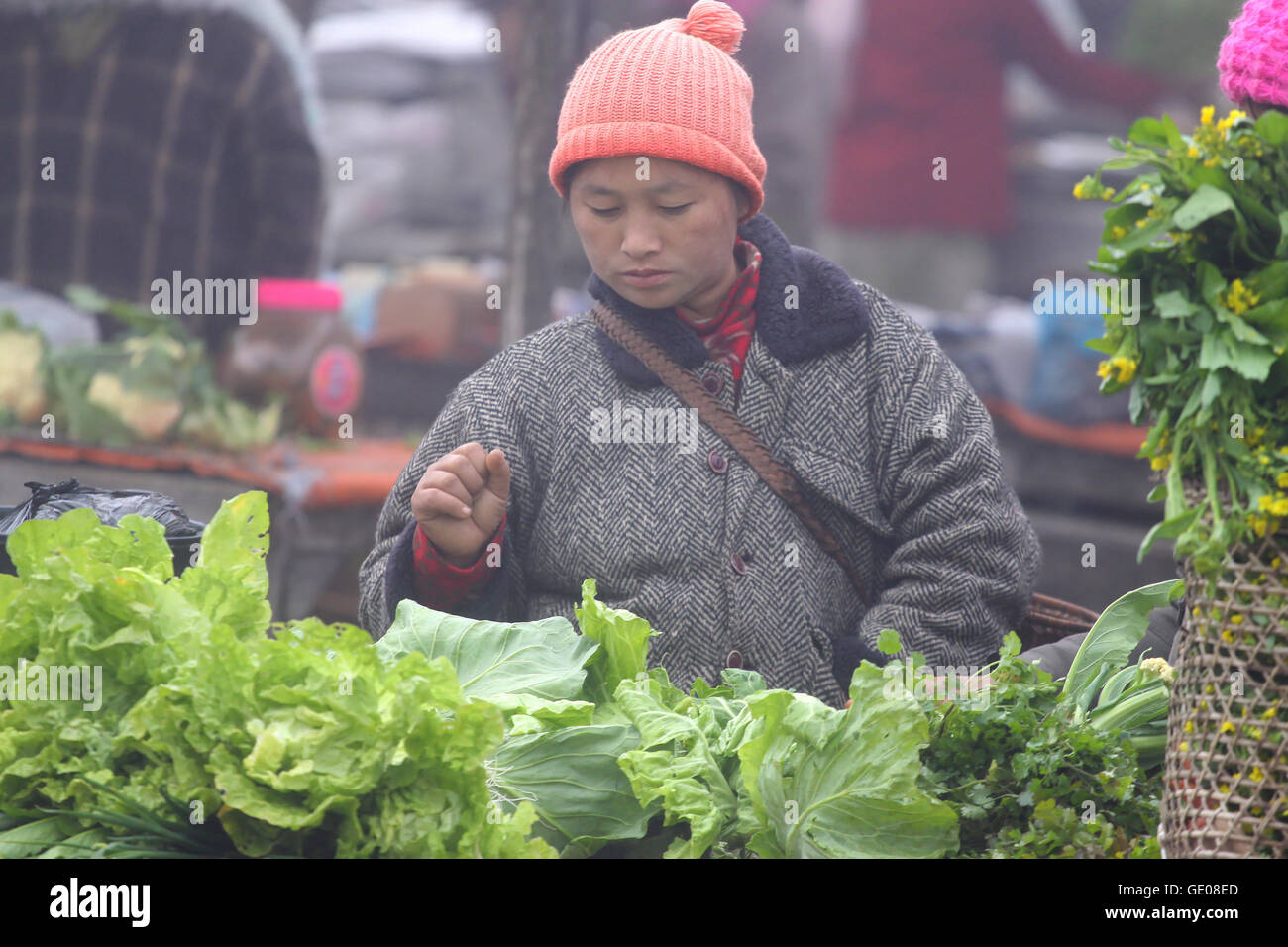 Donna acquistare verdure presso il locale mercato alimentare in Putao. Foto Stock