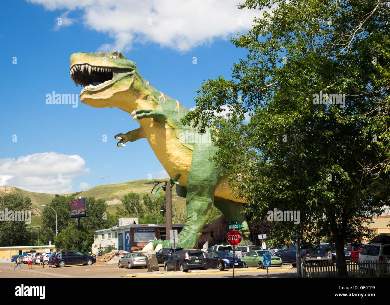 Il più grande del mondo di dinosauro - un 82-piedi (46 m) Alta Tyrannosaurus rex - sorge sopra Drumheller, Alberta, Canada. Foto Stock