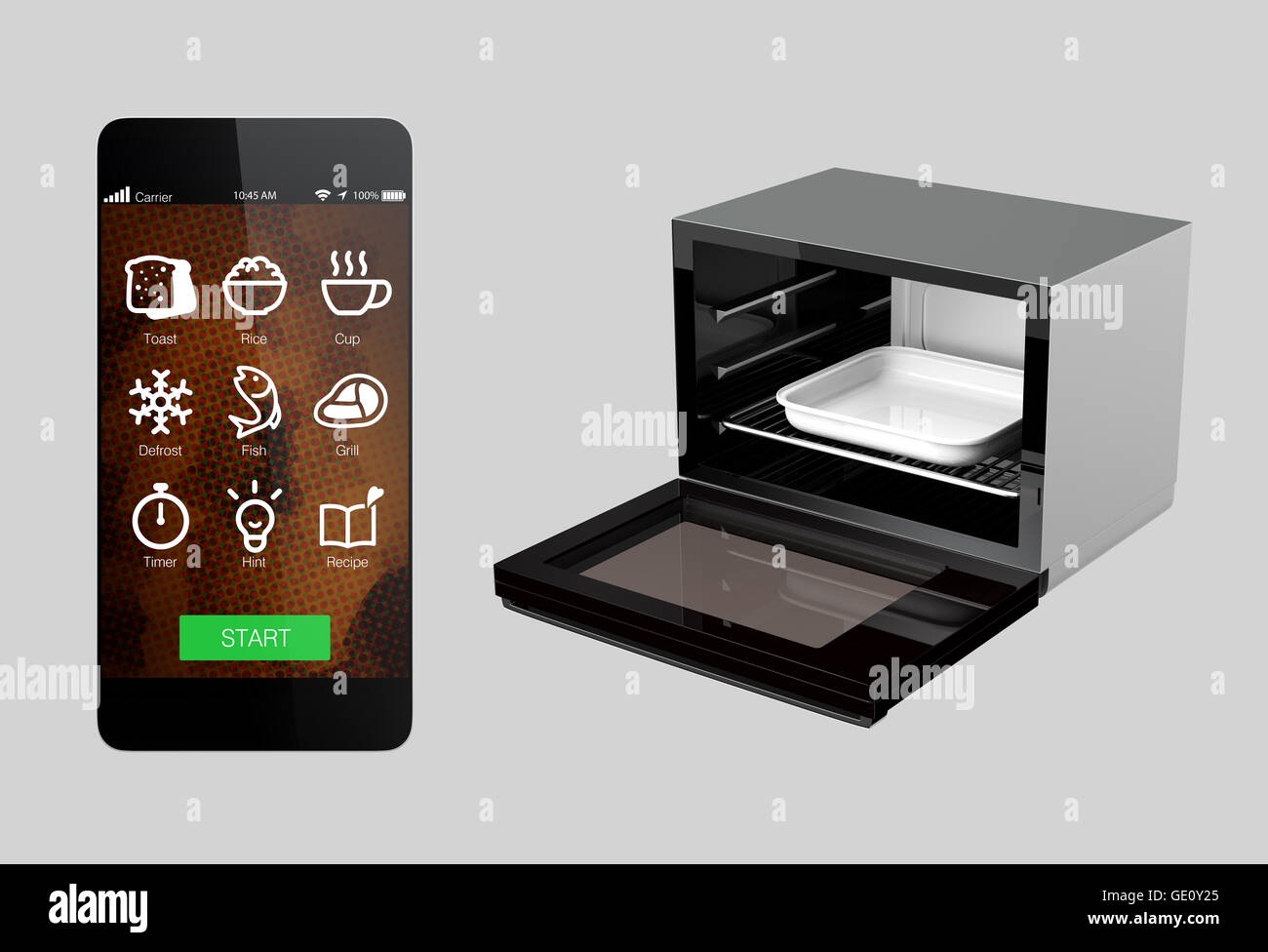 Forno elettrico e smart phone isolato su sfondo grigio. Utilizzo di smart phone utente app può controllare il forno. Il rendering 3D'immagine. Foto Stock