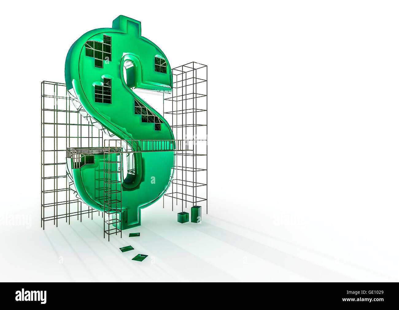 La costruzione del dollaro / 3D render del simbolo del dollaro e la costruzione telai Foto Stock