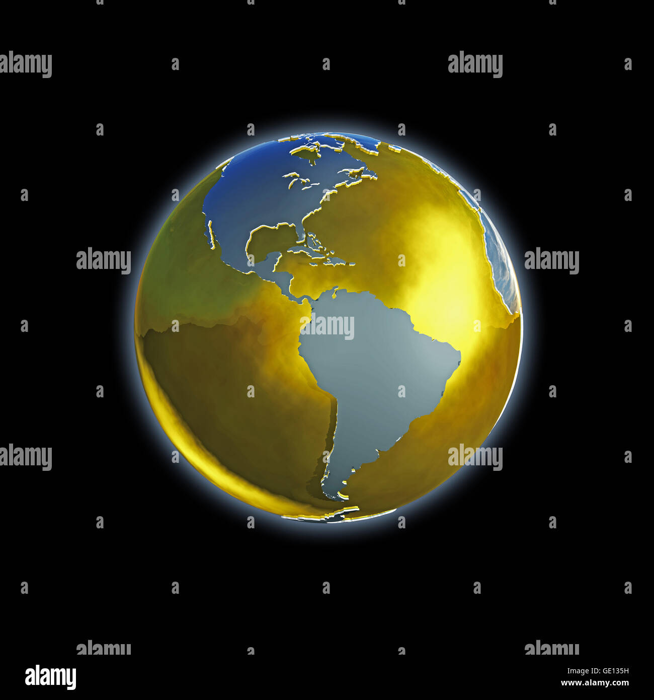 Il pianeta terra con estruso di continenti isolati su sfondo nero Foto Stock