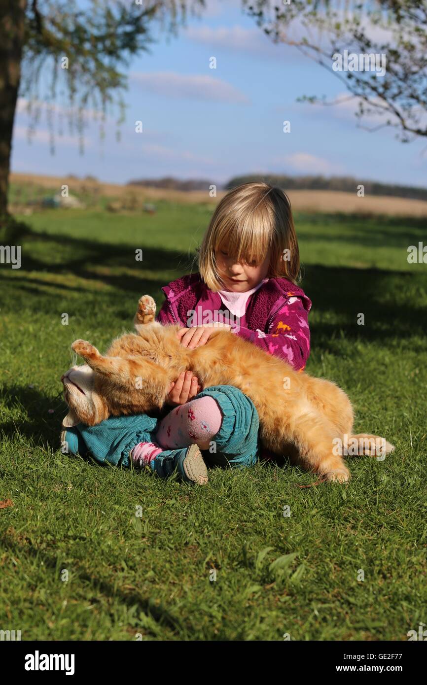 bambino e gatto Foto Stock