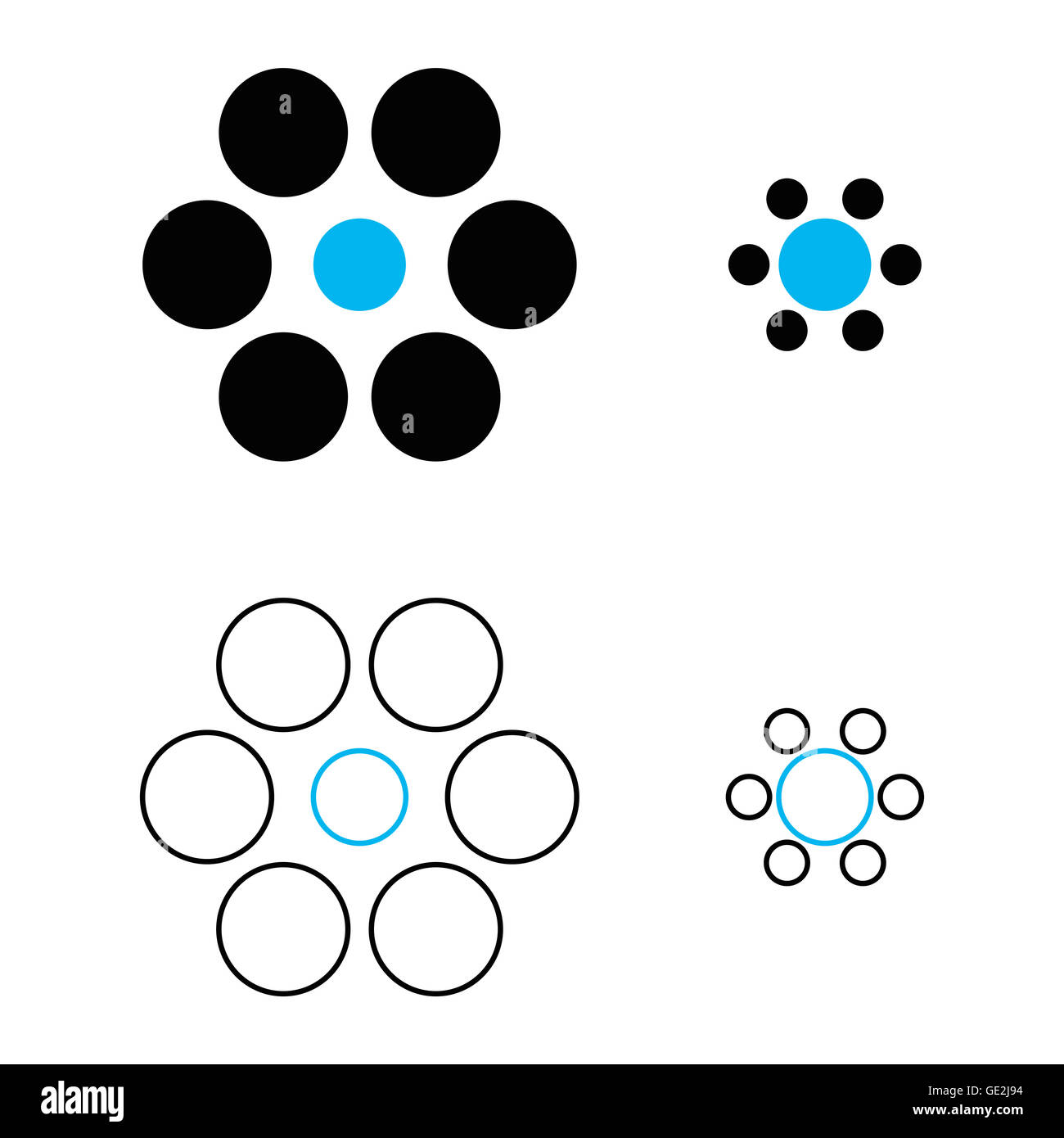 Ebbinghaus illusione o Titchener circles è un'illusione ottica della dimensione relativa percezione. Foto Stock