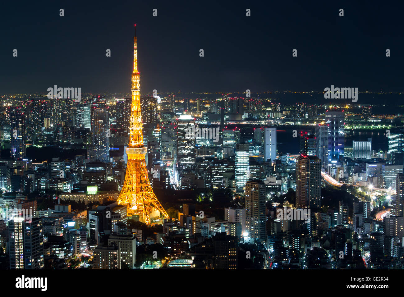 Vista superiore del paesaggio urbano di Tokyo di notte, Giappone Foto Stock